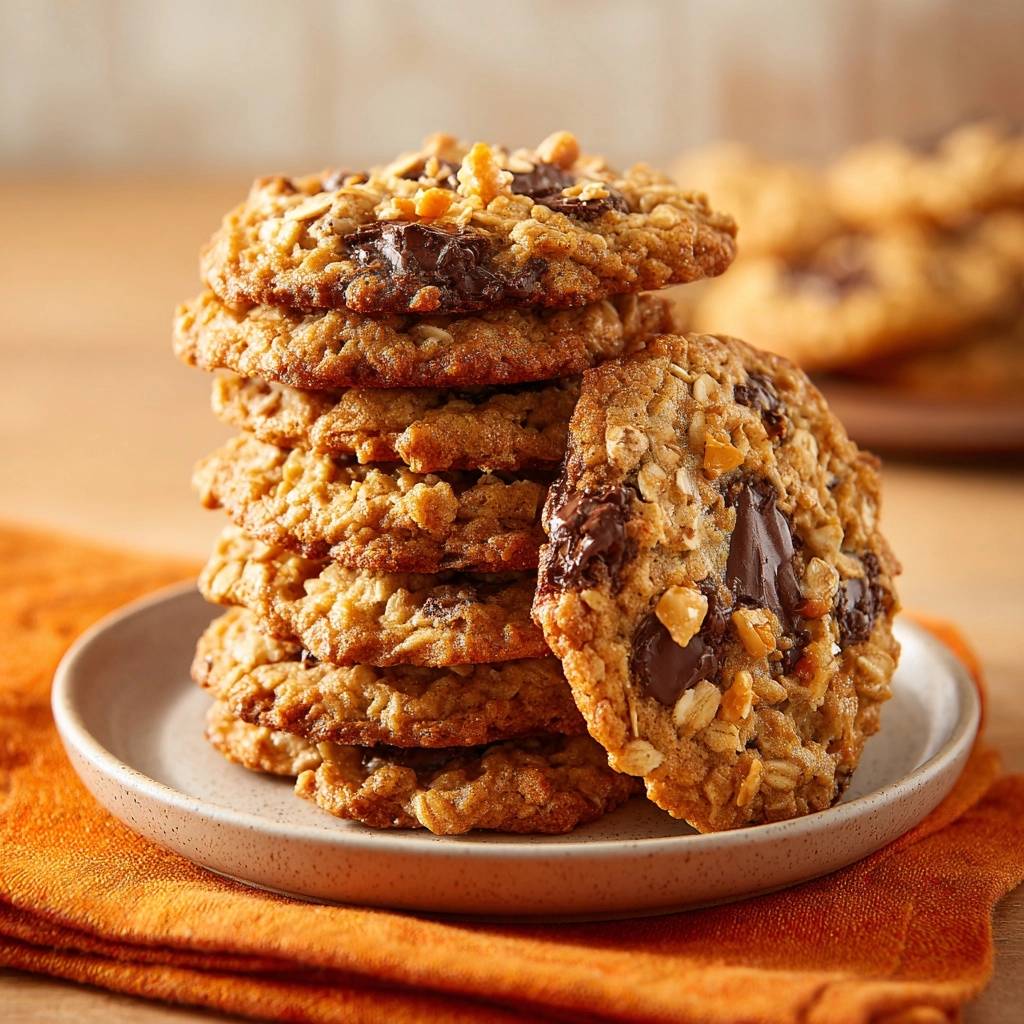 Knusprige Hafer-Schoko-Cookies – Ein hoher Stapel frisch gebackener Kekse mit geschmolzener Schokolade auf einem Teller.