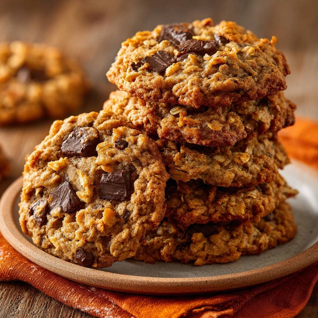 Knusprige Hafer-Schoko-Cookies, ein Nahaufnahme-Stapel von frisch gebackenen Keksen mit Schokoladenstücken auf einem Teller.