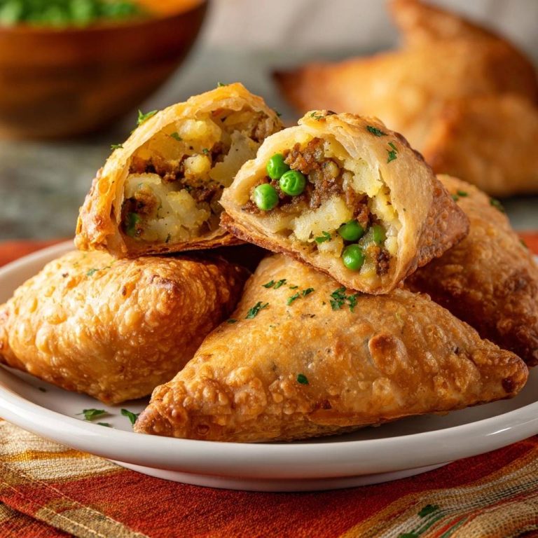 Knusprige Kartoffel-Hack-Samosas, eine davon angeschnitten, die das herzhafte Kartoffel- und Hackfleischfüllung mit Erbsen zeigt.