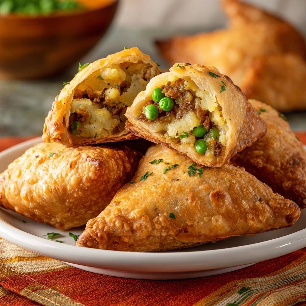 Knusprige Kartoffel-Hack-Samosas, eine davon angeschnitten, die das herzhafte Kartoffel- und Hackfleischfüllung mit Erbsen zeigt.