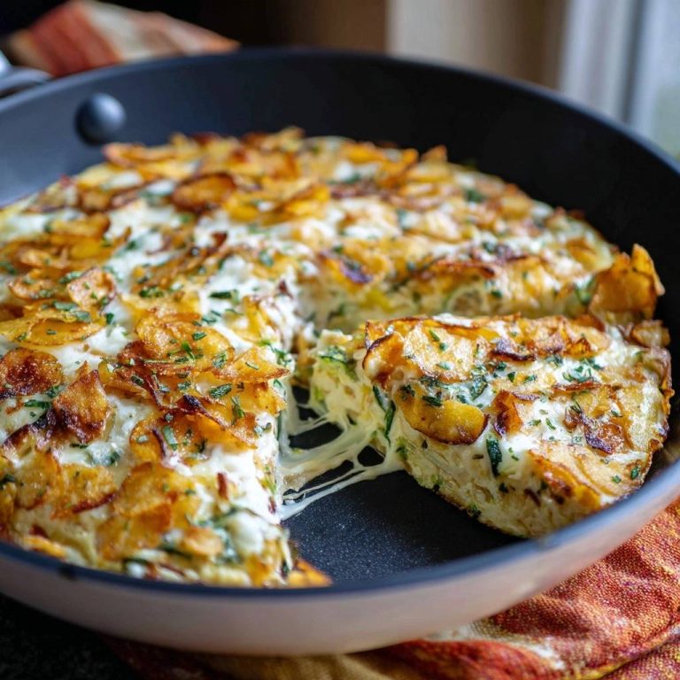 Knusprige Kartoffel-Zucchini-Pfanne angeschnitten, mit geschmolzenem Käse und frischen Kräutern bestreut, in einer Pfanne serviert.