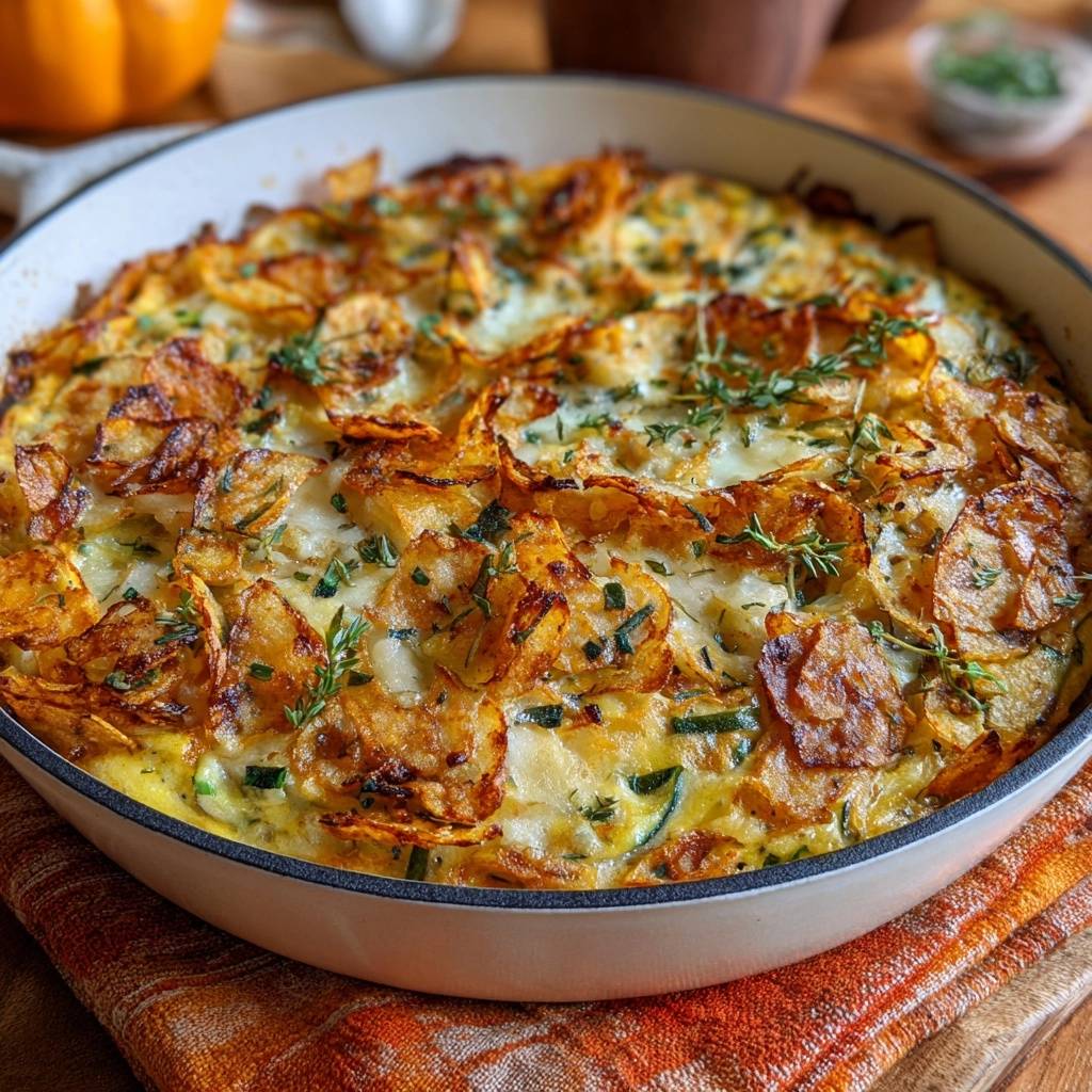 Knusprige Kartoffel-Zucchini-Pfanne im Detail, mit goldbraunen Kartoffelscheiben und frischen Kräutern garniert.