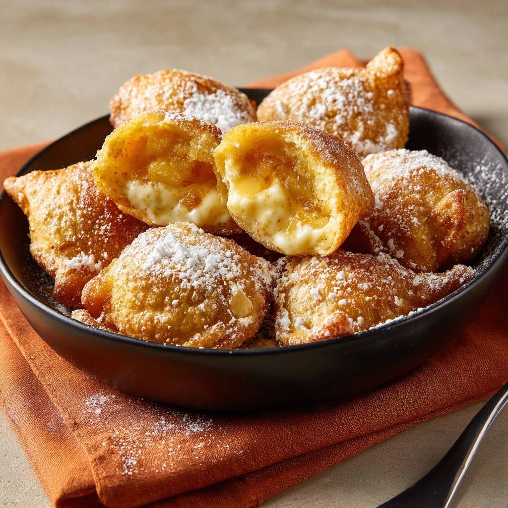 Knusprige Marillenknödel im Anschnitt, die cremige Füllung und Fruchtstücke enthüllen, bestäubt mit Puderzucker.