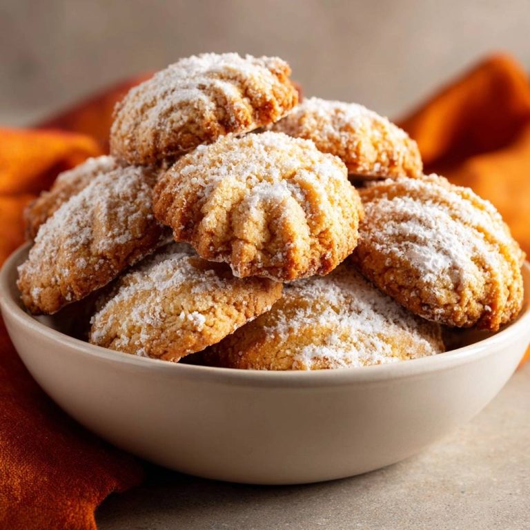 Knusprige Puderzucker-Butterkekse als Nahaufnahme eines detaillierten Keksstapels in einer Schüssel mit Puderzucker bestäubt.