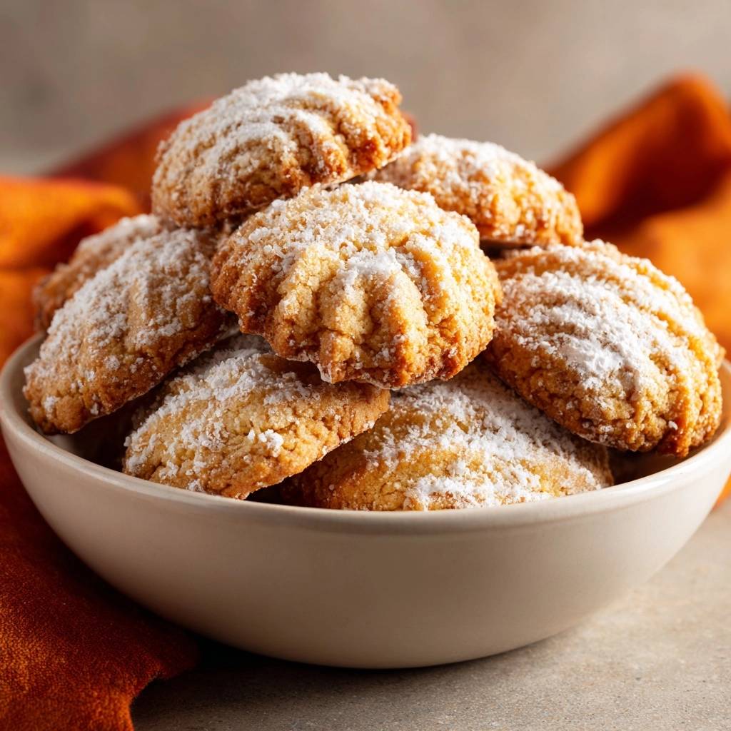Knusprige Puderzucker-Butterkekse als Nahaufnahme eines detaillierten Keksstapels in einer Schüssel mit Puderzucker bestäubt.