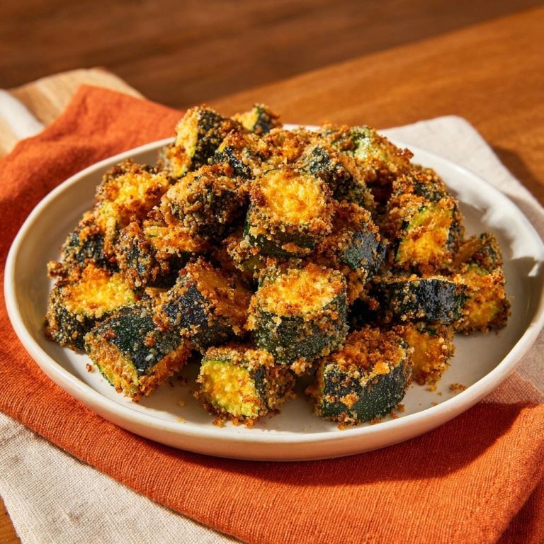 Knusprige Zucchini-Bites mit einer goldbraunen Panade, die die Textur im Detail zeigen.