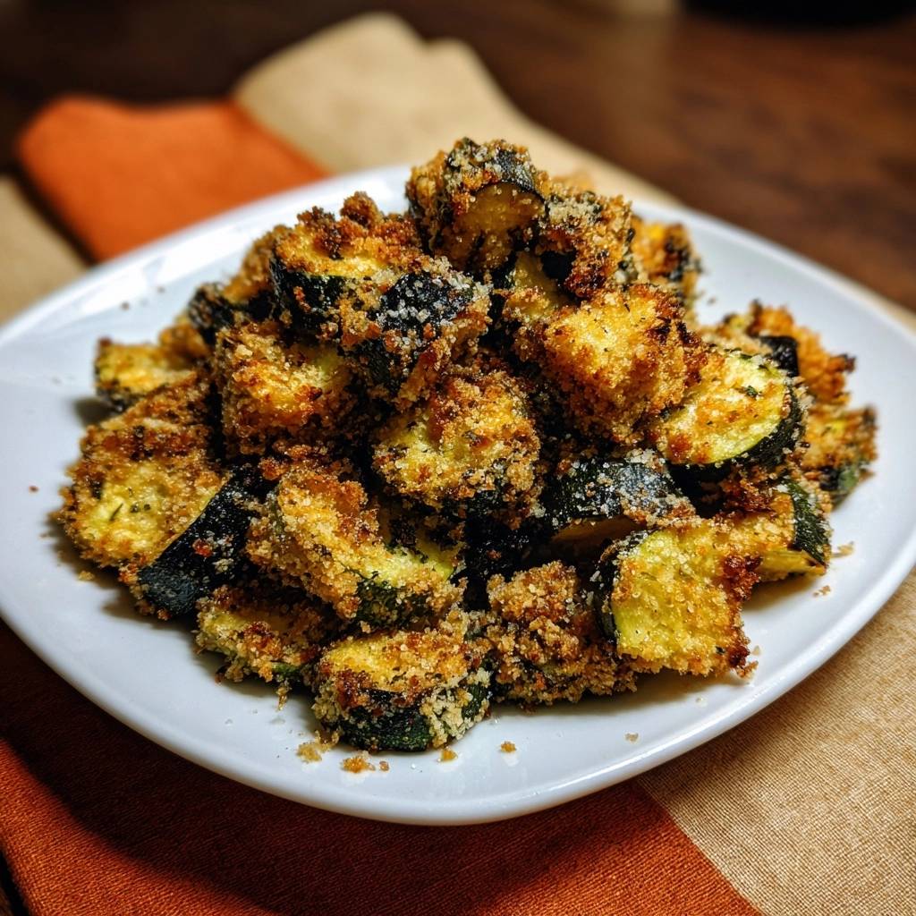 Knusprige Zucchini-Bites auf einem weißen Teller, detailreiche Nahaufnahme der panierten Oberfläche und der geschnittenen Zucchini-Stücke.