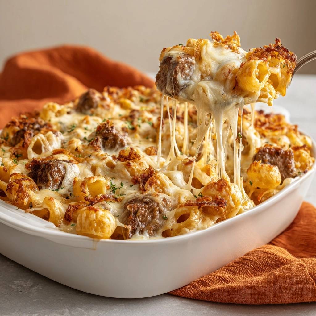 Knuspriger Käsenudel-Auflauf mit Hackbällchen, mit Käse, der von der Gabel gezogen wird, zeigt die köstliche Textur.