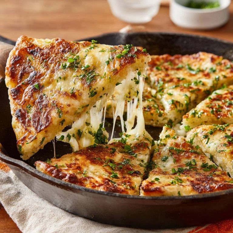 Knuspriger Kartoffel-Käse-Pfannkuchen mit geschmolzenem Käse, der Fäden zieht, in einer Gusseisenpfanne serviert.