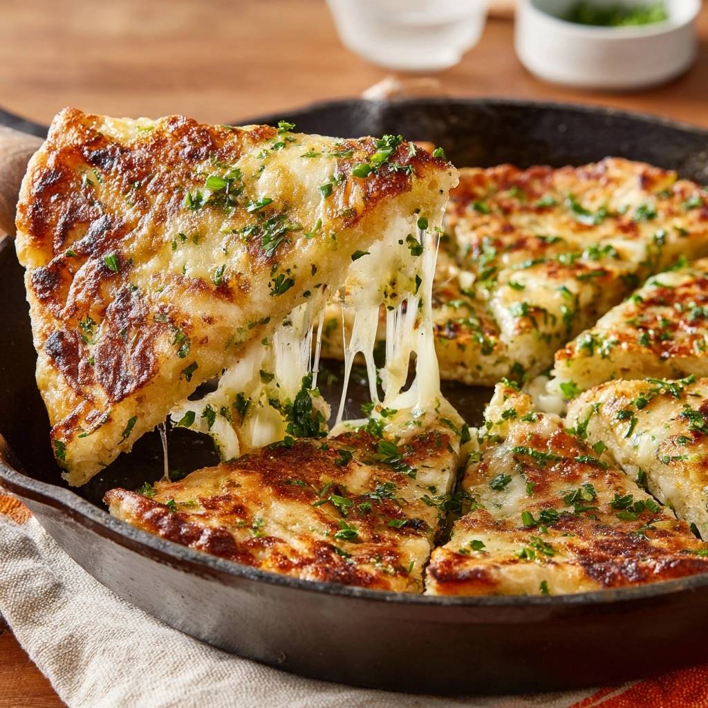 Knuspriger Kartoffel-Käse-Pfannkuchen mit geschmolzenem Käse, der Fäden zieht, in einer Gusseisenpfanne serviert.