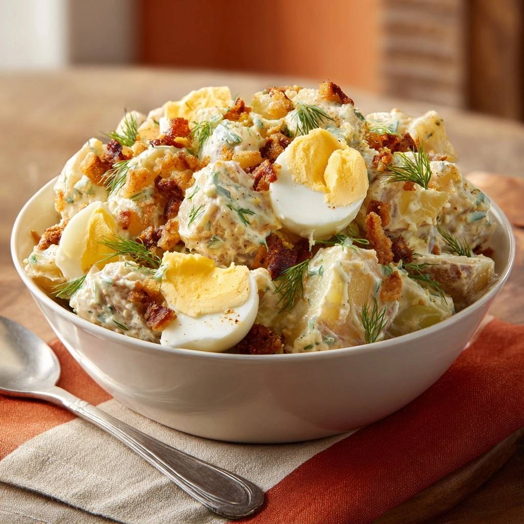 Knuspriger Kartoffelsalat mit Speck, Ei und Dill, serviert in einer weißen Schüssel und garniert mit frischen Kräutern und hartgekochtem Ei.