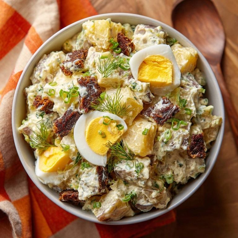 Knuspriger Kartoffelsalat mit Speck, Ei und Dill, serviert in einer Schüssel mit detaillierter Garnitur aus Dill und Frühlingszwiebeln.