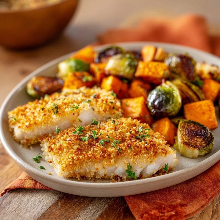 Knuspriger Panko-Fisch mit Rosenkohl und Süßkartoffeln, auf einem Teller angerichtet mit frischen Kräutern garniert.