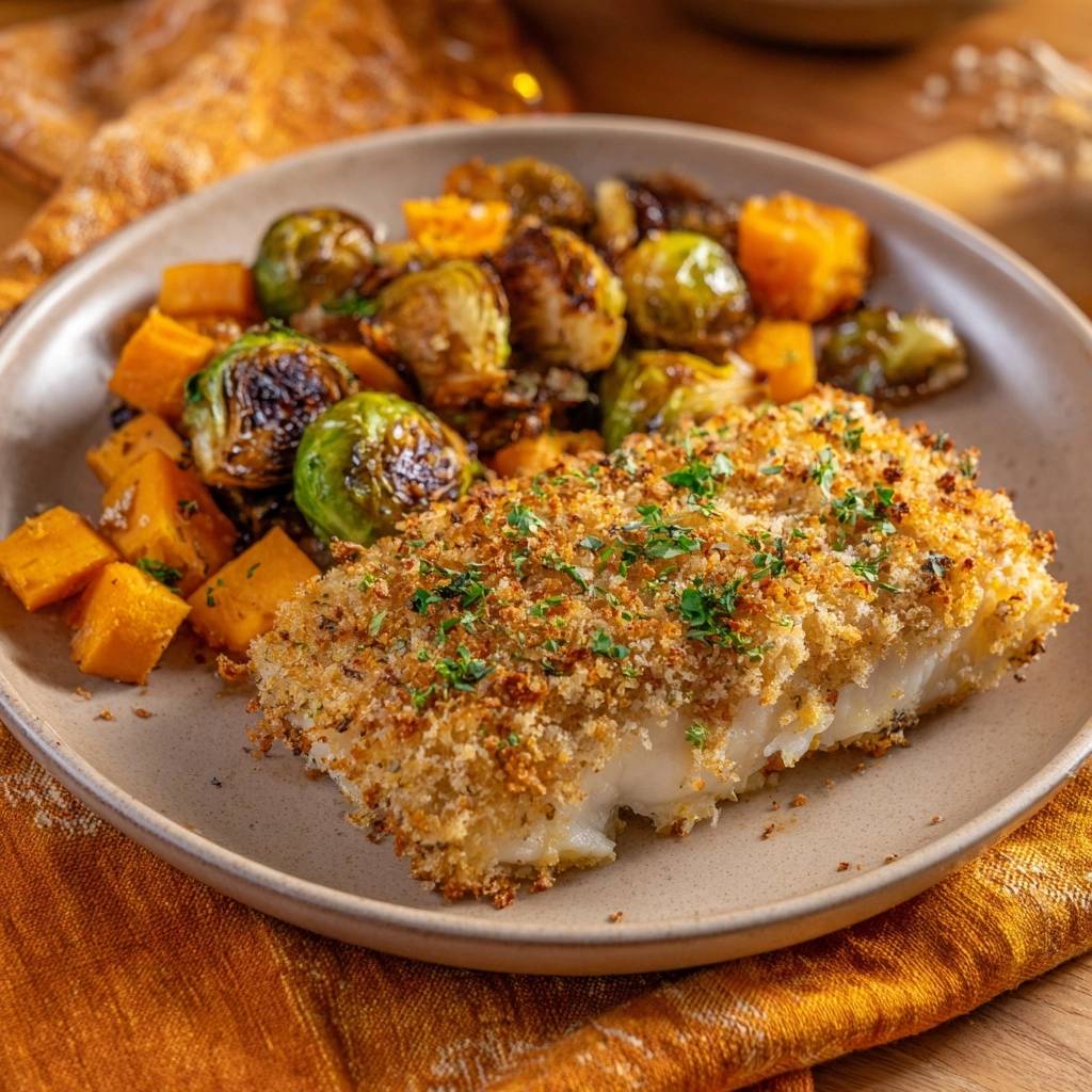 Knuspriger Panko-Fisch mit Rosenkohl und Süßkartoffeln, serviert auf einem Teller mit Kräutern garniert.