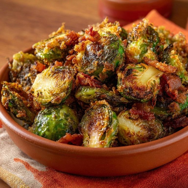 Knuspriger Rosenkohl mit Speckkruste als Nahaufnahme in einer braunen Schüssel mit sichtbaren Speckstückchen und gerösteten Blättern.