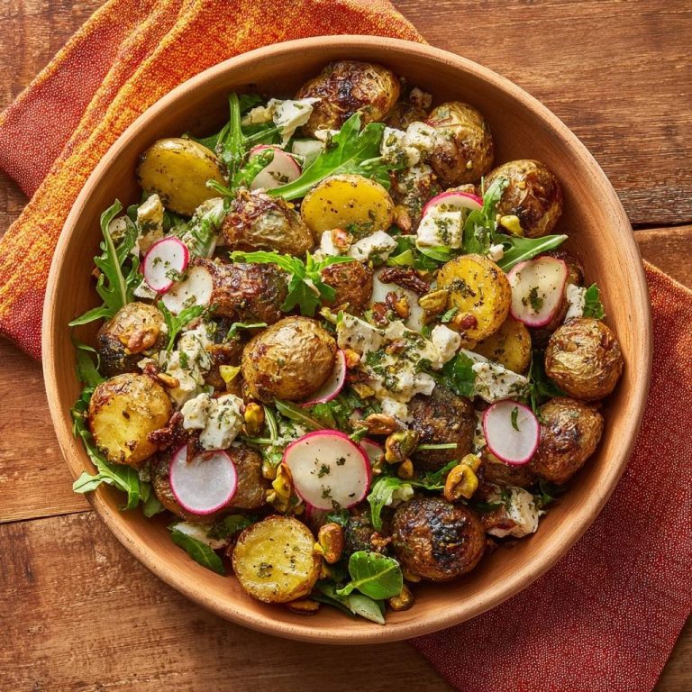 Knuspriger Rucola-Kartoffelsalat mit Feta & Pistazien, serviert in einer Holzschüssel, von oben gesehen.