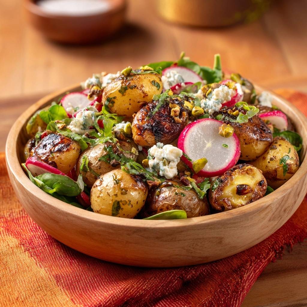 Knuspriger Rucola-Kartoffelsalat mit Feta & Pistazien, detailreiche Nahaufnahme des Salats in einer Holzschale mit Radieschen und Blauschimmelkäse.