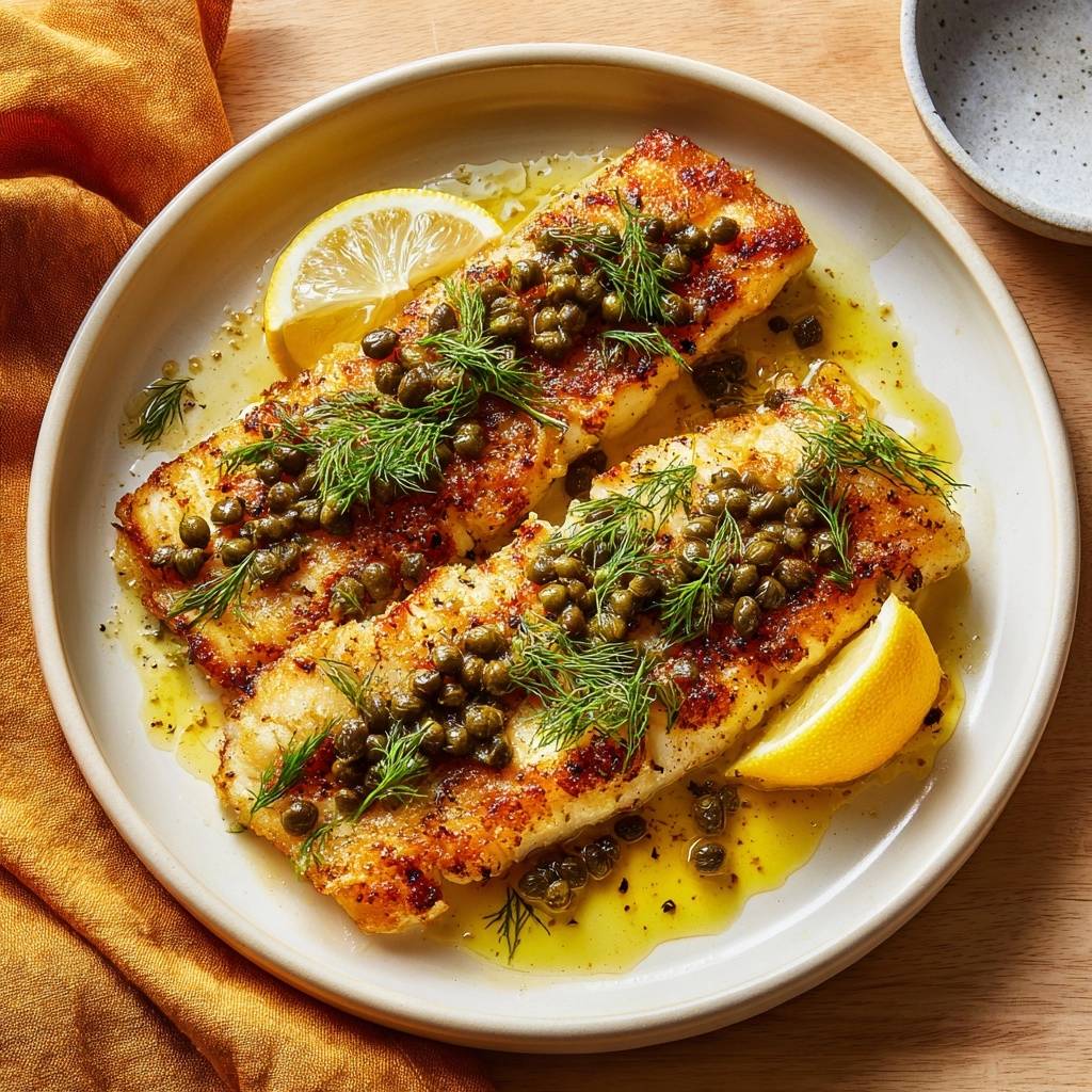 Knuspriger Zitronen-Kapern-Fisch, serviert auf einem Teller mit Zitronenspalten und frischem Dill garniert.