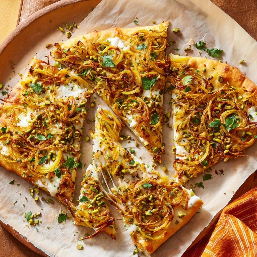 Knuspriger Zwiebel-Pistazien-Fladen mit Feta, angeschnitten und mit Pistazien und Kräutern bestreut