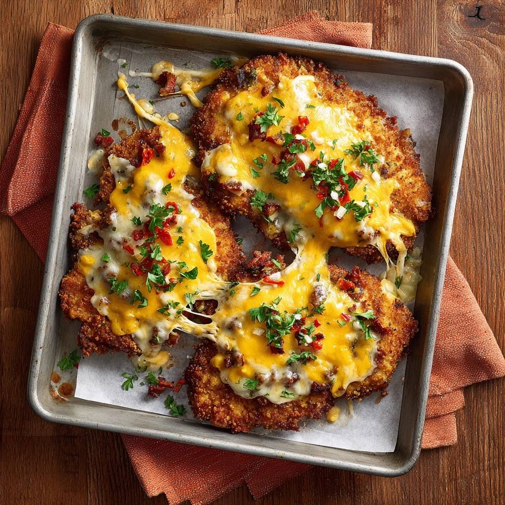 Knuspriges Bacon-Käse-Hähnchen mit geschmolzenem Käse und frischen Kräutern, nahaufnahme auf einem Backblech