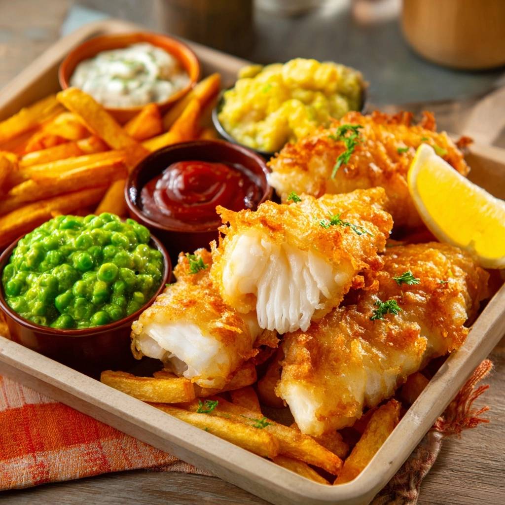 Knuspriges Fish & Chips mit einer Nahaufnahme der saftigen Fisch-Innenansicht und goldbrauner Panade.