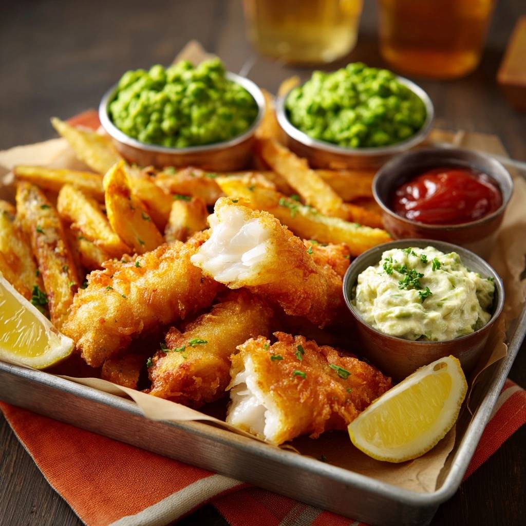 Knuspriges Fish & Chips mit einer Nahaufnahme des zarten Fischfleisches im Inneren der goldbraunen Panade.