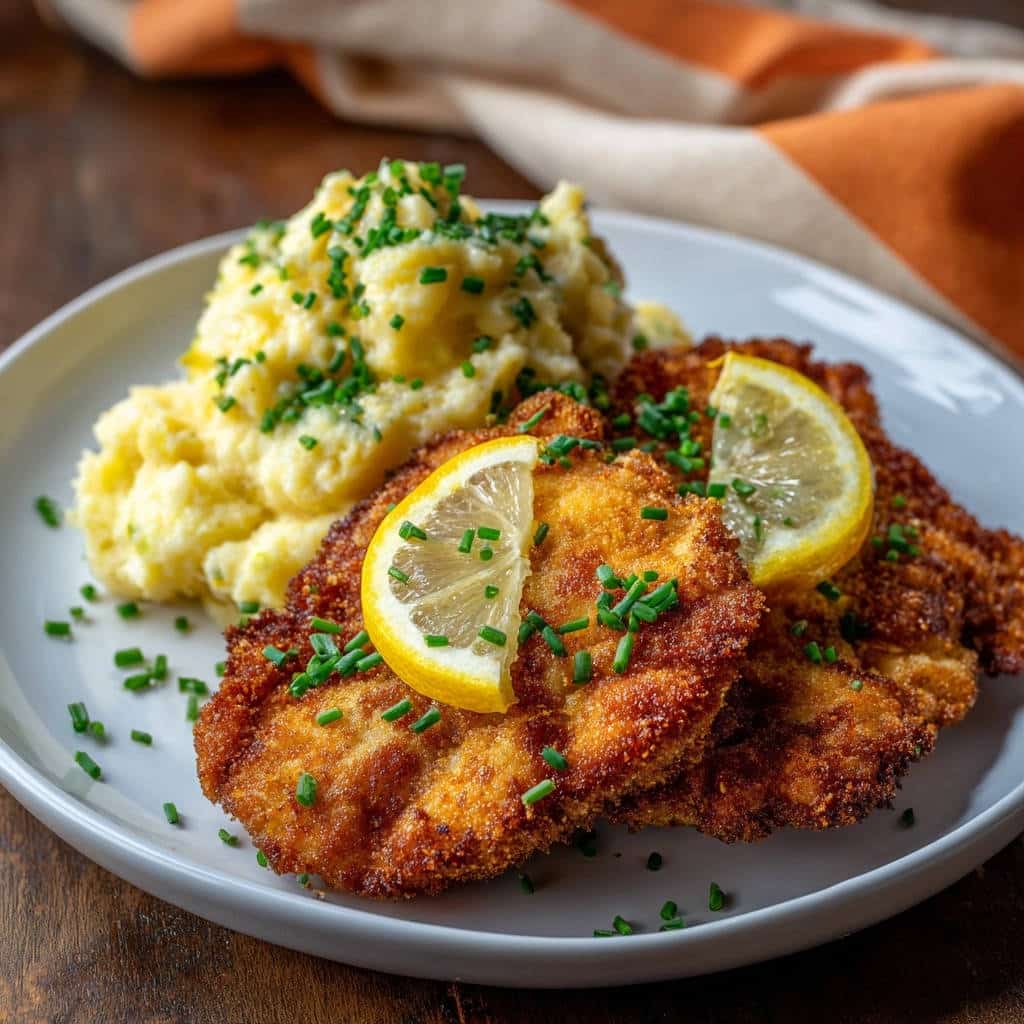 Knuspriges Hähnchen-Schnitzel mit cremigem Kartoffelbrei, serviert auf einem Teller und garniert mit Zitronenscheiben und Schnittlauch.