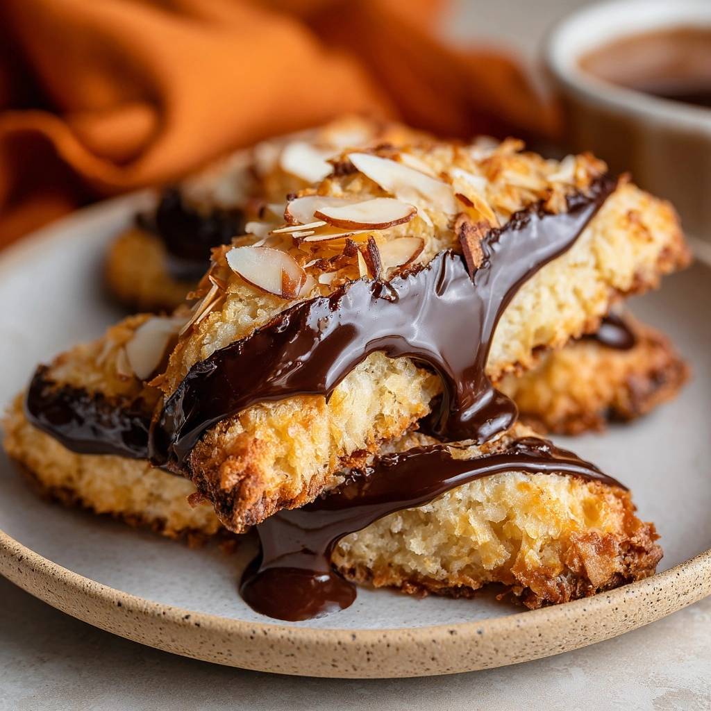 Knuspriges Kokos-Schoko-Croissant im Detail mit geschmolzener Schokolade und Mandelblättchen garniert.