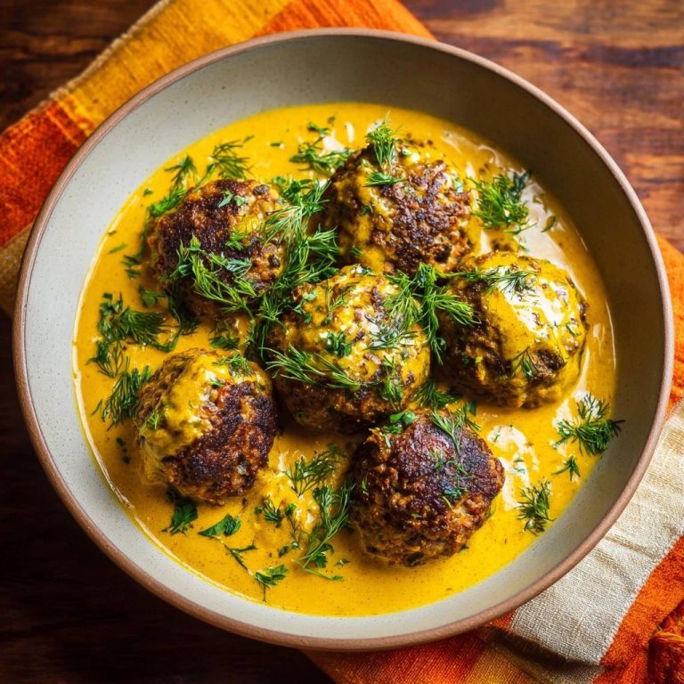 Kofta in cremiger Kurkuma-Dill-Sauce, garniert mit frischem Dill und Petersilie in einer Schüssel.