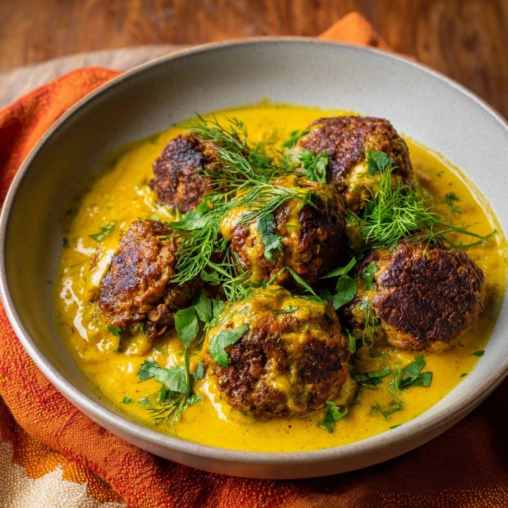 Kofta in cremiger Kurkuma-Dill-Sauce, serviert in einer Schüssel mit frischen Kräutern garniert
