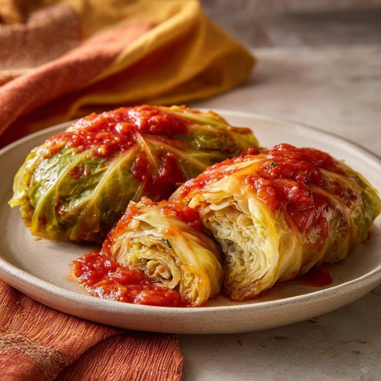 Saftige Kohlrouladen in Tomatensauce, eine davon angeschnitten, um die Füllung und das Innere zu zeigen.