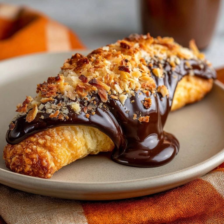 Knuspriges Kokos-Schoko-Croissant mit glänzender Schokoladenglasur und gerösteten Kokosflocken und Nüssen.