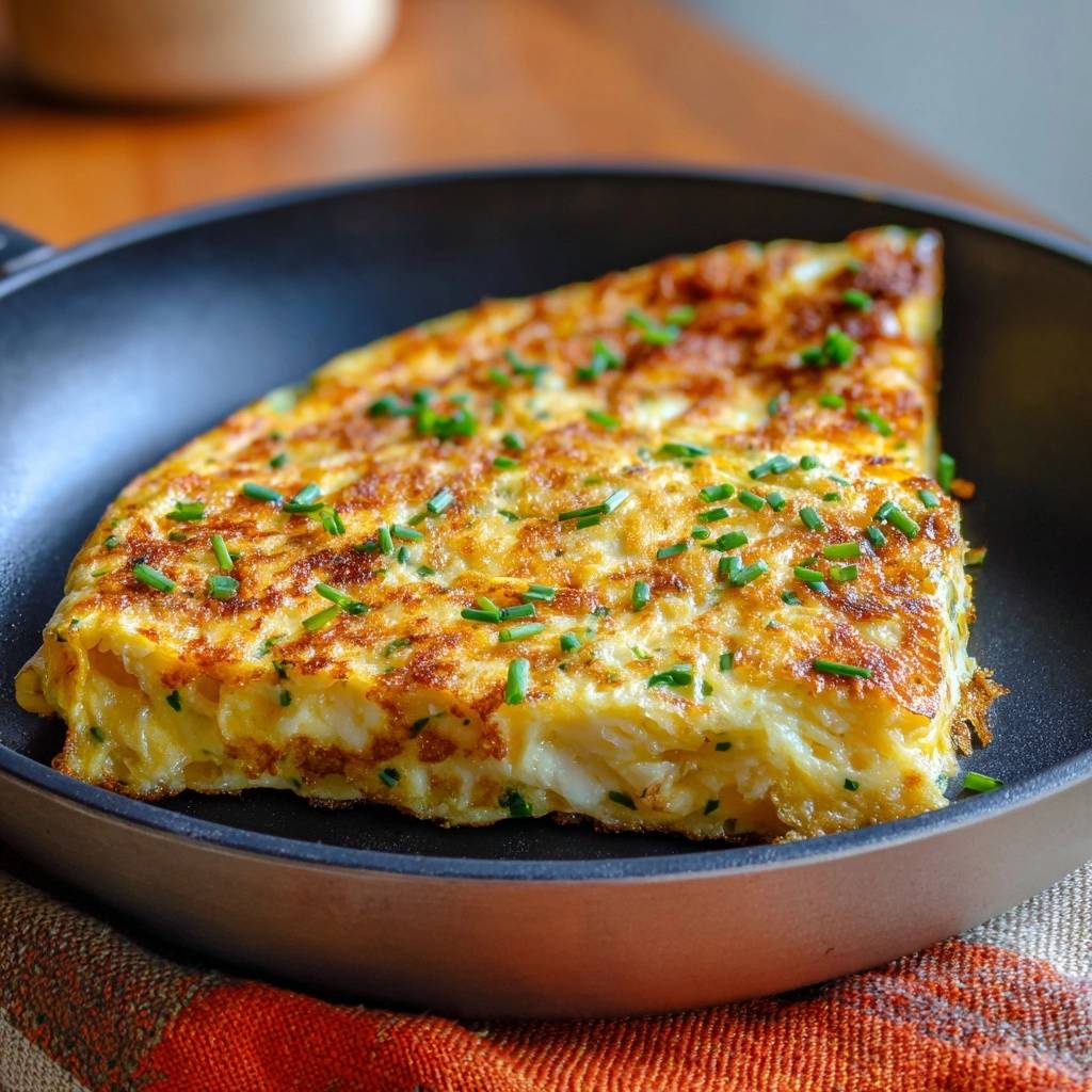 Perfektes Kräuter-Käse-Omelett im Querschnitt in einer Pfanne serviert, mit frischen Kräutern garniert.