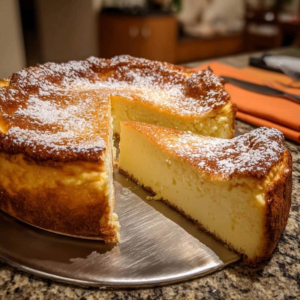 Käse-Kuchen á la Oma angeschnitten, mit einer Scheibe herausgenommen und mit Puderzucker bestäubt.