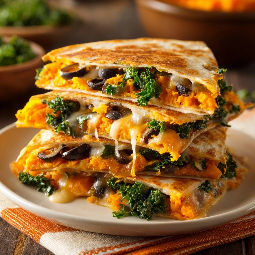 Knusprige Kürbis-Grünkohl-Quesadillas, angeschnitten und gestapelt, zeigen den geschmolzenen Käse und die Füllung im Detail.