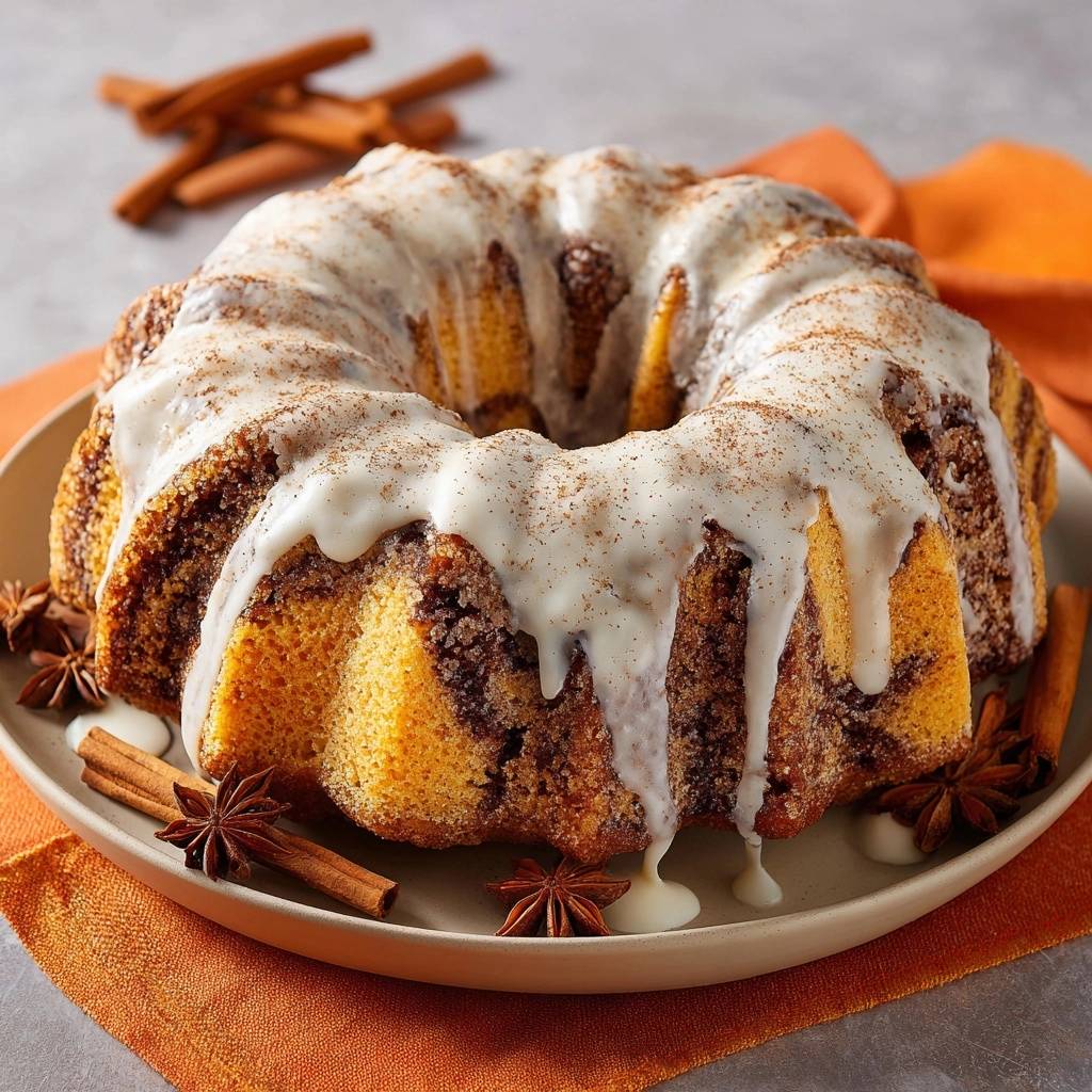 Kürbis-Zimt-Swirl-Gugelhupf glasiert mit einer weißen Glasur und Zimt bestreut, auf einem Teller mit Zimtstangen dekoriert.