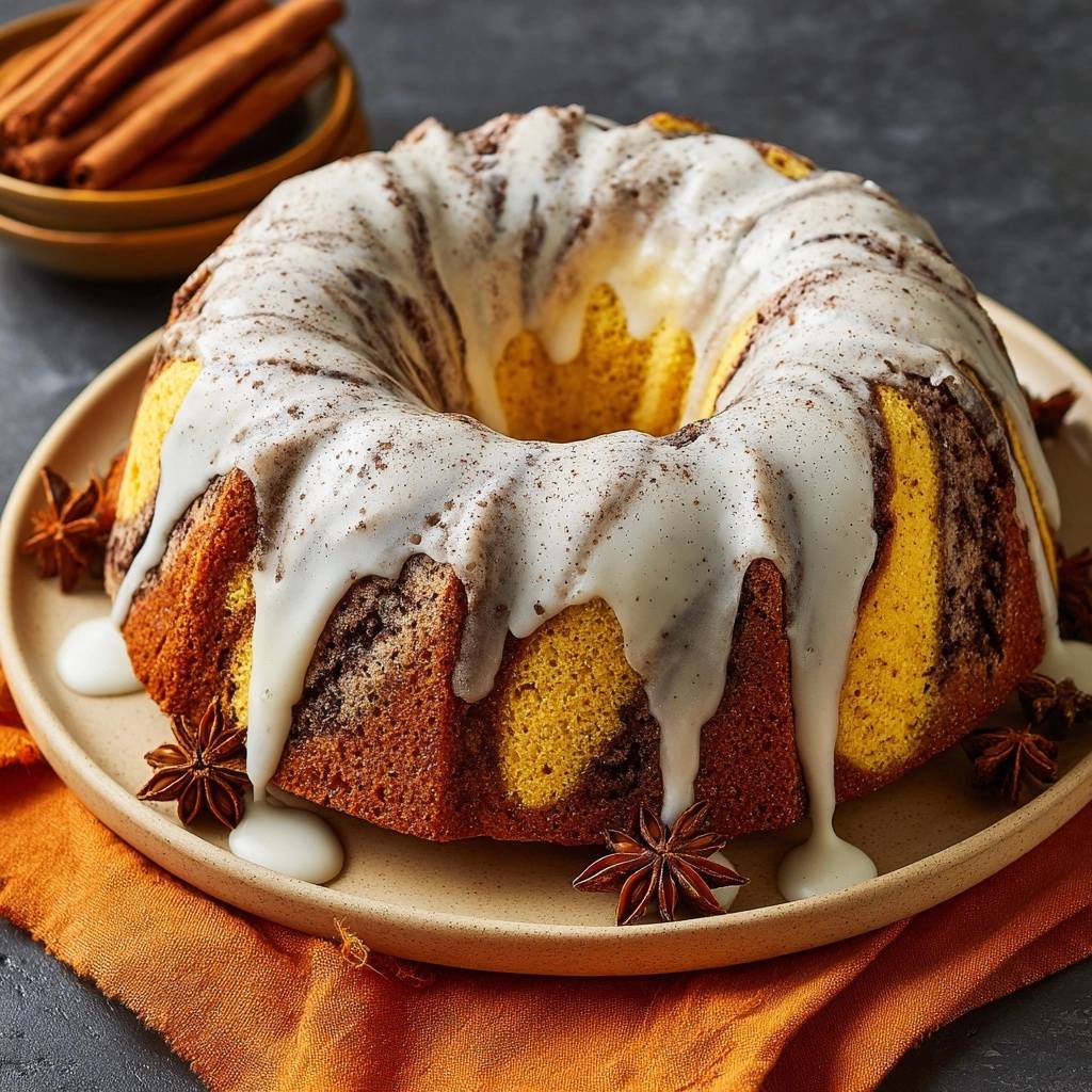 Kürbis-Zimt-Swirl-Gugelhupf mit üppiger weißer Glasur und Sternanisgarnitur auf einem Teller.