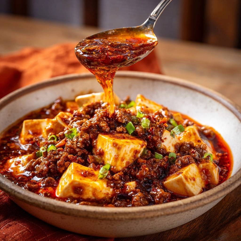 Mapo Tofu mit einem Löffel, der die reichhaltige, rote Sauce über die Tofustücke tropfen lässt.