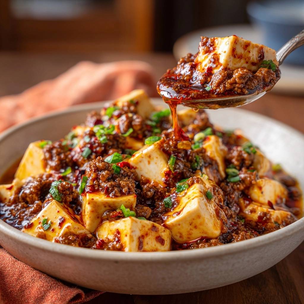 Mapo Tofu, serviert in einer Schüssel, mit einem Löffel, der eine Portion mit reichlich Sauce anhebt.