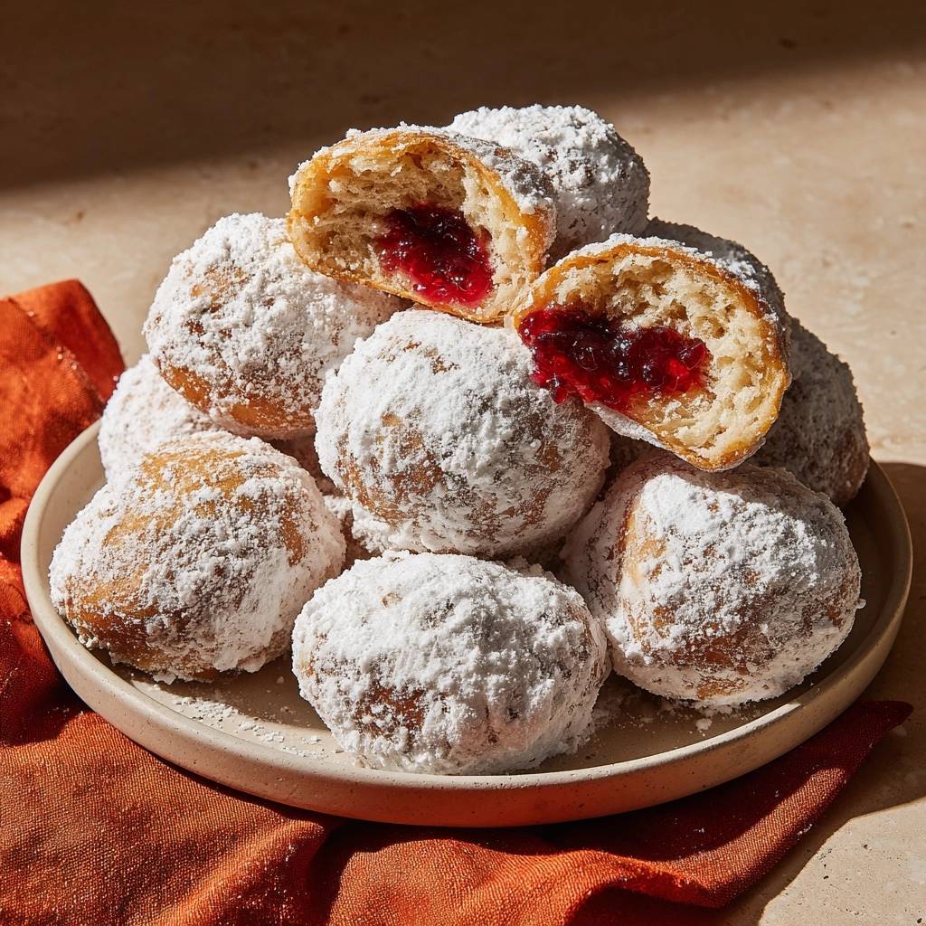 Saftige Marmeladen-Berliner angeschnitten, die süße Füllung ist deutlich sichtbar und zeigt die fluffige Konsistenz des Gebäcks.