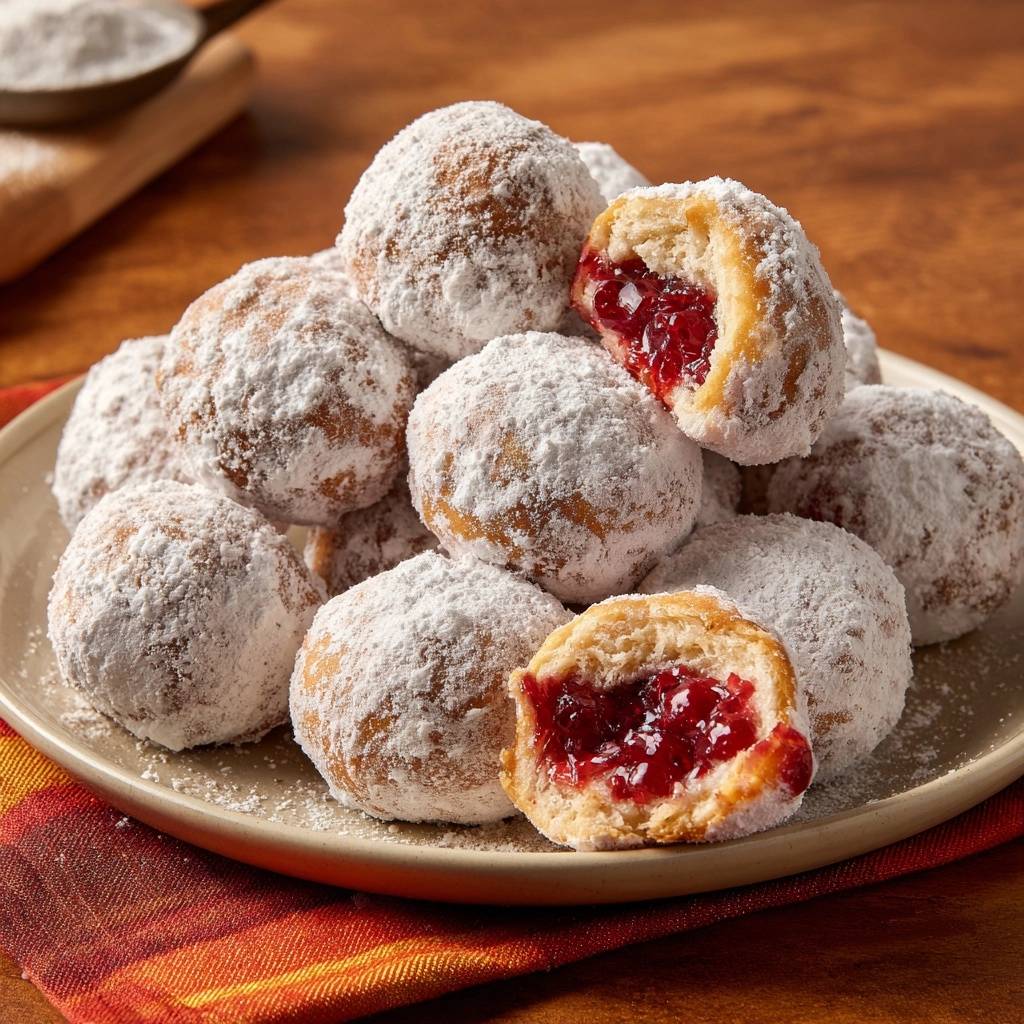 Saftige Marmeladen-Berliner angeschnitten mit Puderzucker bestäubt, die Füllung ist deutlich sichtbar.
