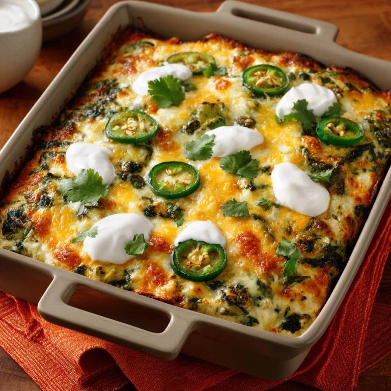 Mexikanischer Spinat-Jalapeño-Käse-Auflauf, garniert mit Sour Cream, Jalapeñoscheiben und Korianderblättern.