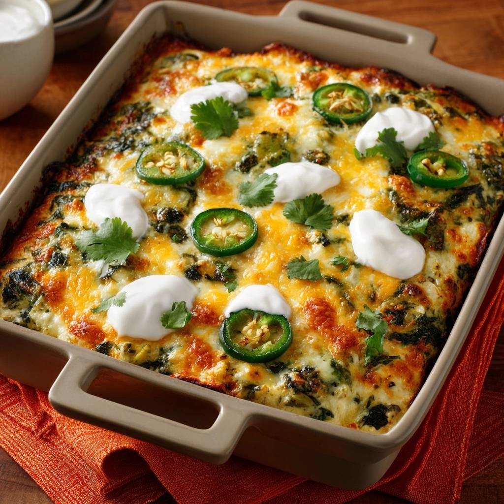 Mexikanischer Spinat-Jalapeño-Käse-Auflauf, garniert mit Sour Cream, Jalapeñoscheiben und Korianderblättern.