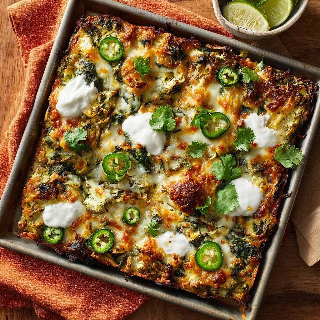 Mexikanischer Spinat-Jalapeño-Käse-Auflauf mit Klößchen von Sauerrahm und Koriander garniert