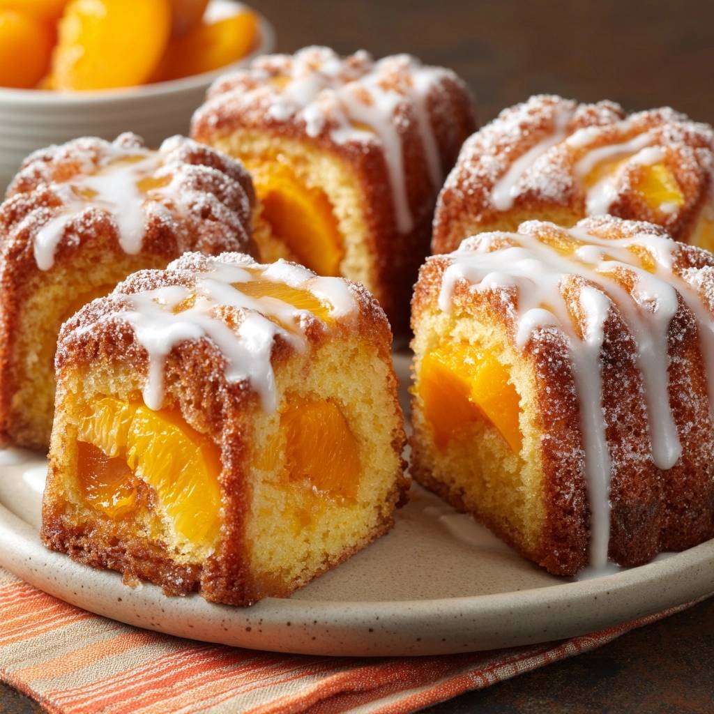 Saftige Mini-Pfirsichkuchen mit saftigen Pfirsichstücken im Inneren, angeschnittene Portionen auf einem Teller.