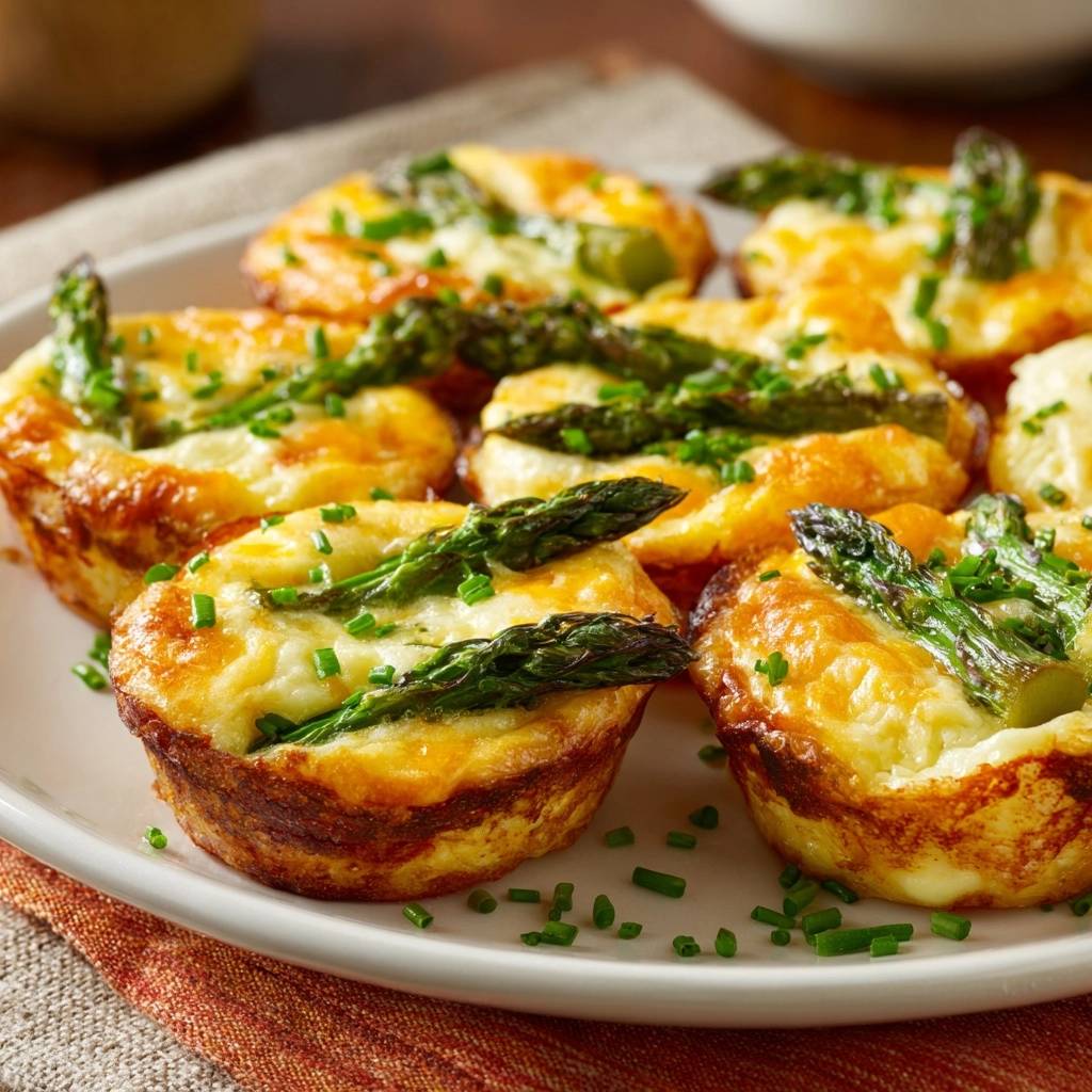 Mini Spargel-Käse-Quiches, frisch gebacken und mit gehacktem Schnittlauch und grünem Spargel garniert, auf einem Teller serviert.