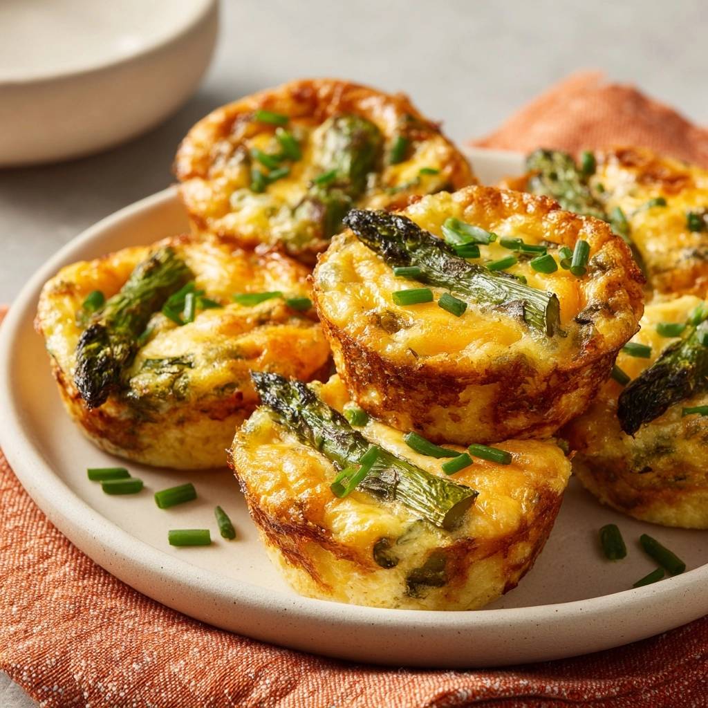 Mini Spargel-Käse-Quiches mit frischen Kräutern garniert auf einem Teller serviert, Nahaufnahme.