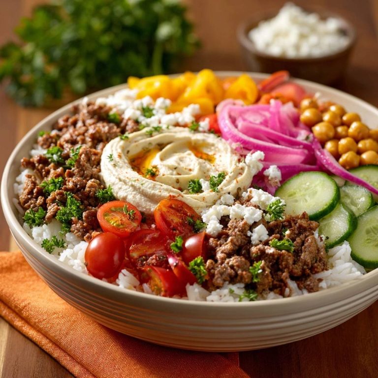 Bunter Mittelmeer-Hack-Bowl mit Hummus, Gemüse und Reis, nahaufnahme der Zutaten