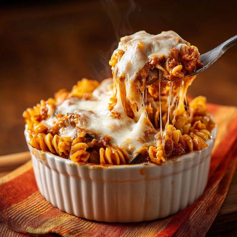 Herzhafte Ofen-Fusilli mit Käsehaube, das auf einer Gabel mit geschmolzenem Käse serviert wird