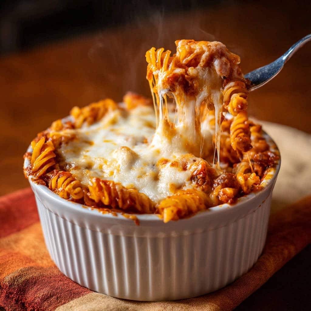 Herzhafte Ofen-Fusilli mit Käsehaube: Nahaufnahme von geschmolzenem Käse, der von einer Gabel gezogen wird.